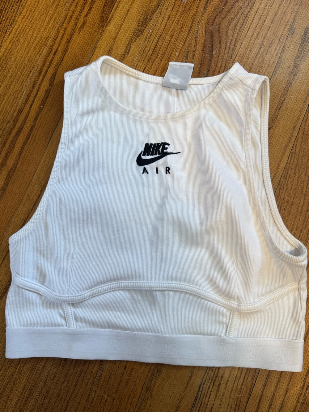 Nike White Ribbed Air Crop Tank Top with Black Logo